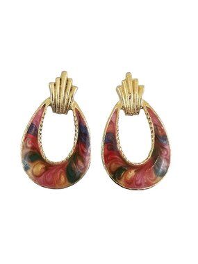 Vintage Made in USA Drop Stud Earrings 90s Multicolor Enamel Swirl Teardrop